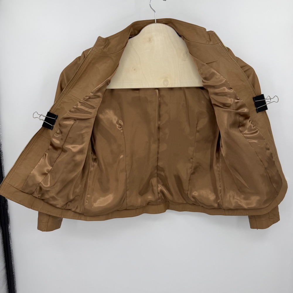 IMAN Genuine Leather Jacket Women Large Tan Quilted Biker Moto Gold Zip Chic - Picture 6 of 11
